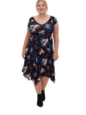 Torrid Plus 2X Disney Lilo & Stitch Tattoo Art Jersey Handkerchief Skater Dress
